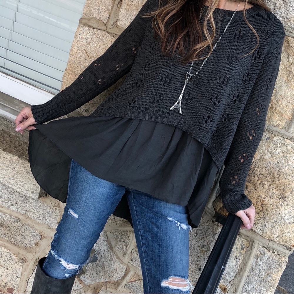 Charcoal Hi/Lo Boho Back Laced Sweater with Tunic - Picture 5 of 8
